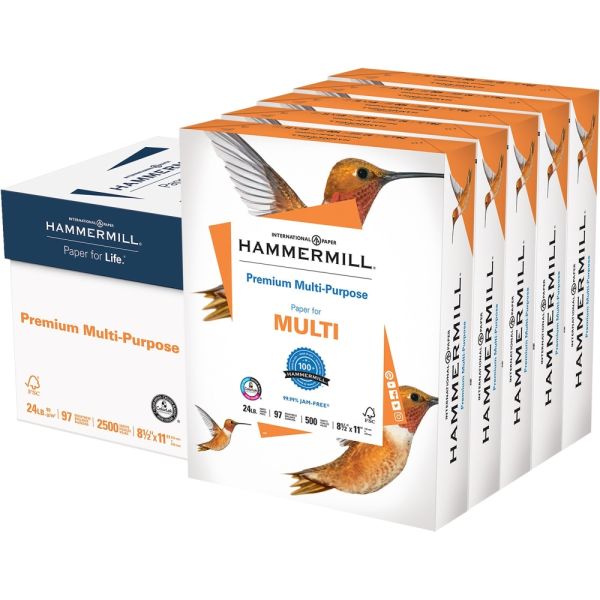Hammermill Premium Multi-Use Printer & Copy Paper, White, Letter (8.5" x 11"), 2500 Sheets Per Case, 24 Lb, 97 Brightness