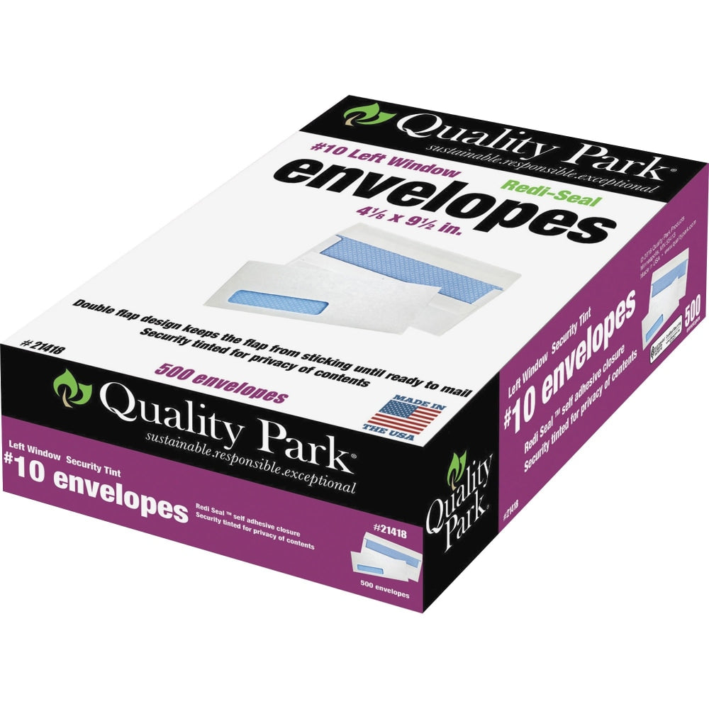 Quality Park #10 Redi-Seal Security Window Envelopes, Bottom Left Window, Self Adhesive, White, Box Of 500