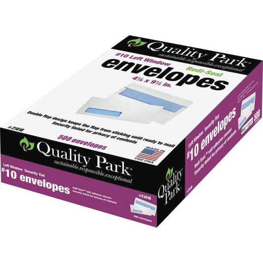 Quality Park #10 Redi-Seal Security Window Envelopes, Bottom Left Window, Self Adhesive, White, Box Of 500