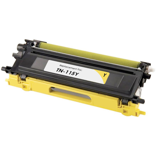 Compatible Brother TN115 yellow toner cartridge, high-yield 4000 pages for Brother HL4040CN, HL4050CDN, DCP-9040CN, MFC-9440CN, and MFC-9840CDW printers.