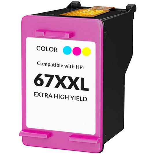 Color Ink Cartridge 67XL 3YM57AN compatible with HP DeskJet and Envy printers, producing vibrant prints up to 240 pages.