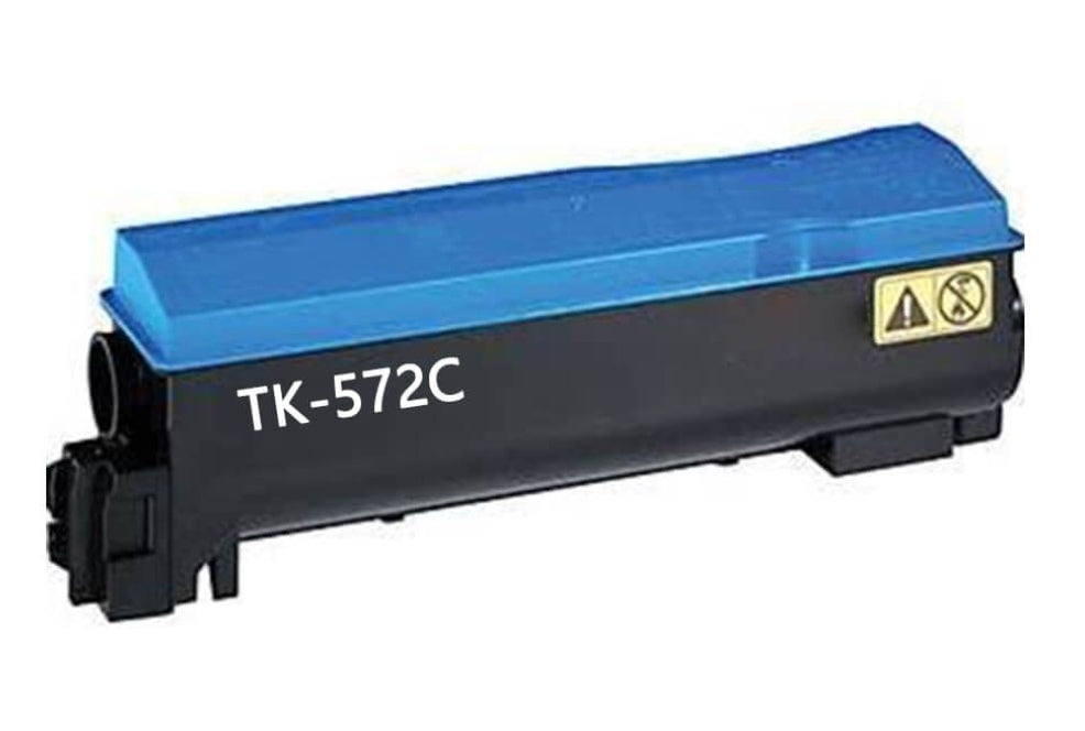 Compatible TK-572 Cyan toner cartridge for Kyocera printers FS C5400, C5400DN, and P7035CDN.
