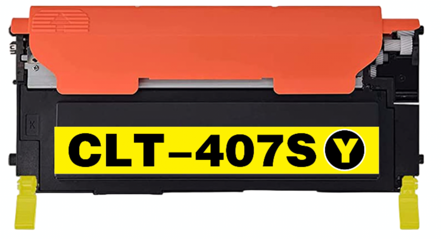 Yellow CLT-407S compatible toner cartridge for Samsung printers, high-quality color printing.