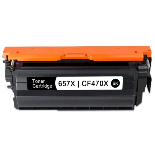 HP CF470X (657X) compatible black toner cartridge, extra high-yield 28,000 pages for HP Color LaserJet Enterprise Flow M681/M682, delivering sharp, professional prints.