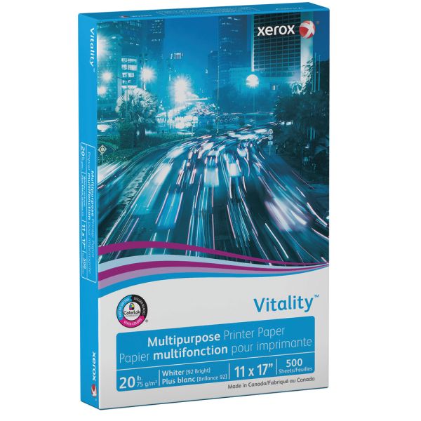 Xerox Vitality Multi-Use Printer & Copy Paper, White, Ledger (11" x 17"), 500 Sheets Per Ream, 20 Lb, 92 Brightness, FSC Certified