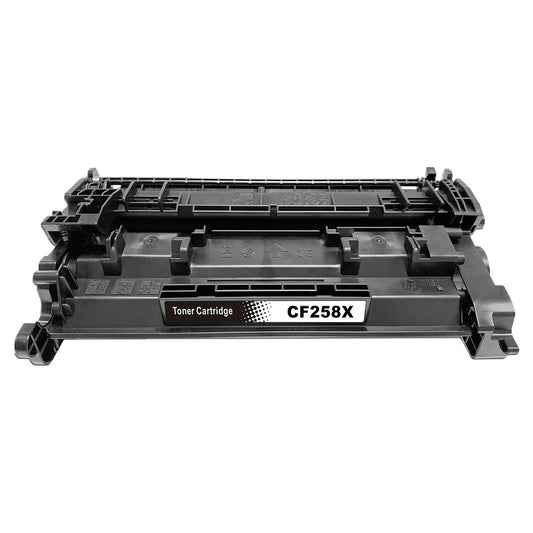 High-yield Black Toner Cartridge CF258X compatible for HP LaserJet Pro M304, M404, and M428 printers, 10,000-page capacity.